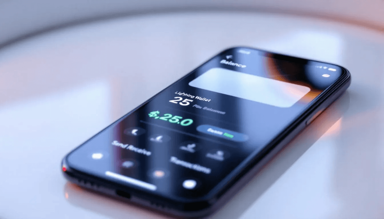 The image shows a modern smartphone featuring the interface of a lightning wallet, which allows users to make low-cost bitcoin transactions using the lightning network. This interface highlights the benefits of off-chain payment channels, enabling instant payments and lower transaction fees for everyday transactions.