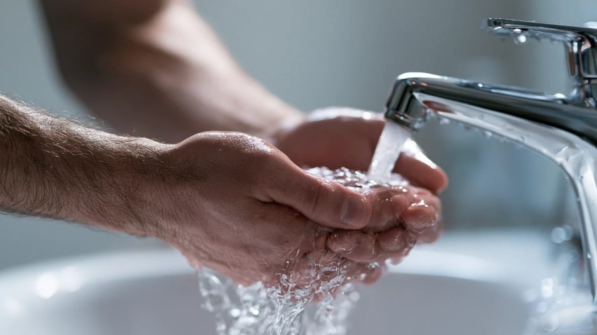 Man running cold water over his hands at a sink after ending a session early