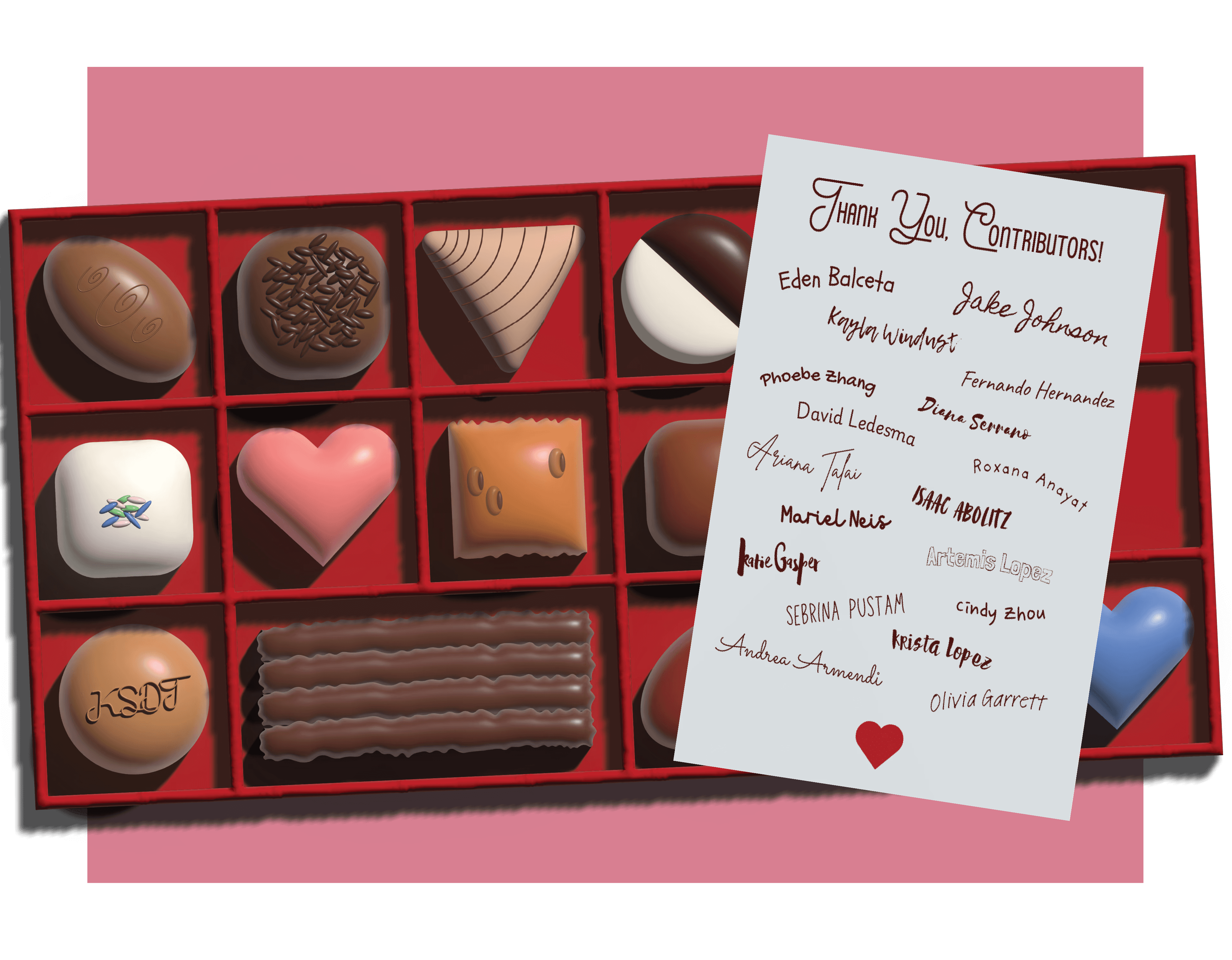 Box of chocolates with a thank-you note displaying contributor names.