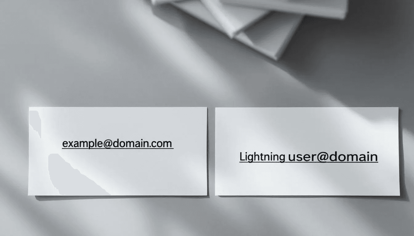 The image compares a traditional email address format with a Lightning Address format, illustrating how the Lightning Address serves as a user-friendly, human-readable identifier for receiving bitcoin payments, similar to an email address. This new standard simplifies the payment process, allowing users to send and receive bitcoin instantly through lightning-enabled wallets.
