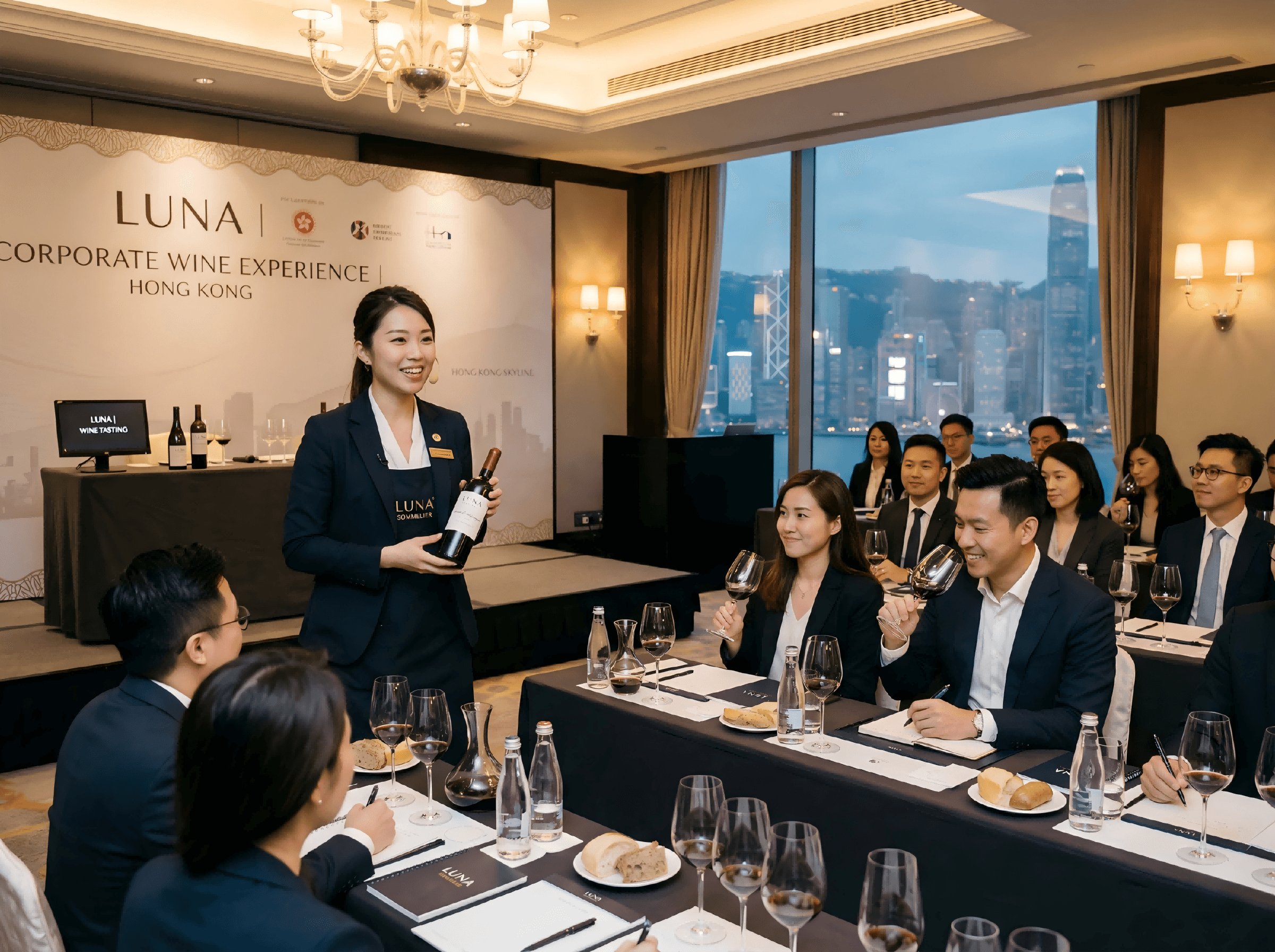 亞洲品酒師在香港企業品酒會專業控場與講解紅酒,帶動現場氣氛並照顧不同品酒層次賓客,提升商務接待質感 Asian sommelier leading corporate wine tasting in Hong Kong creating engaging business hospitality experience