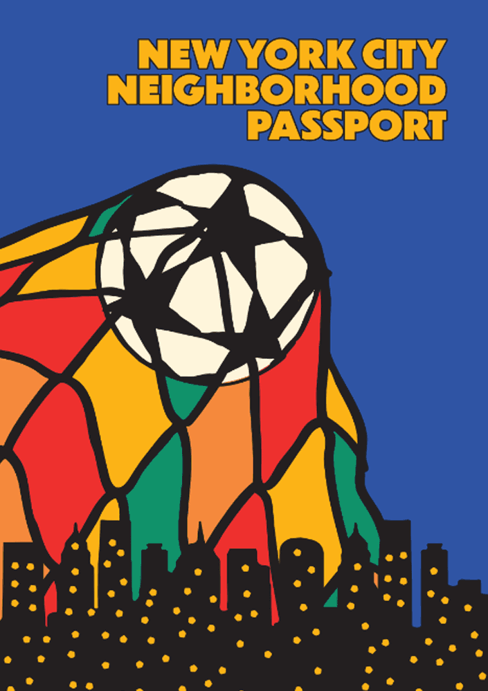 An ad for the new york city neighborhood passport featuring a soccer ball soaring above a city.