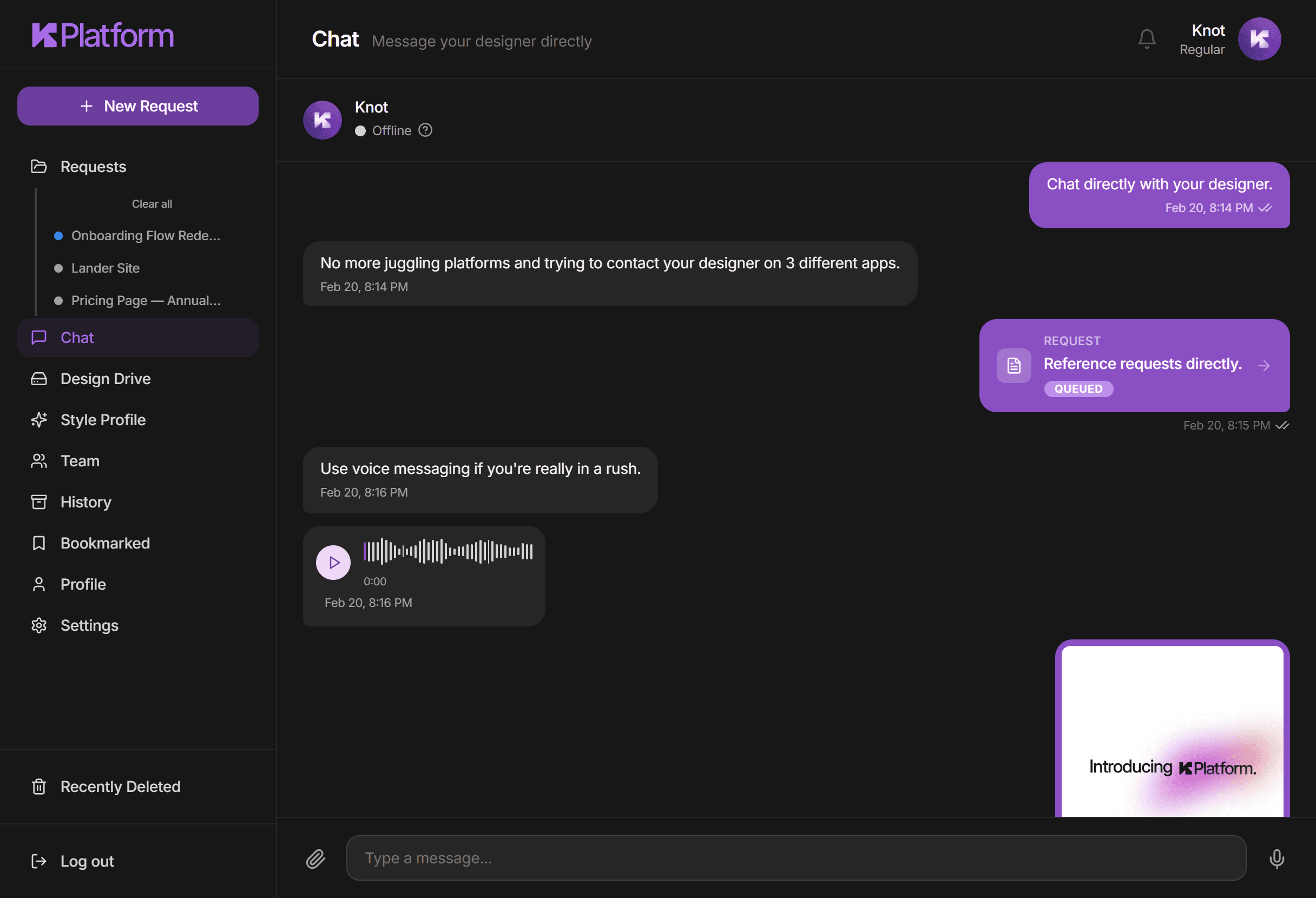 Knot Platform direct chat interface showing real-time messaging between a startup and their designer, with the ability to reference and link active design requests directly in conversation