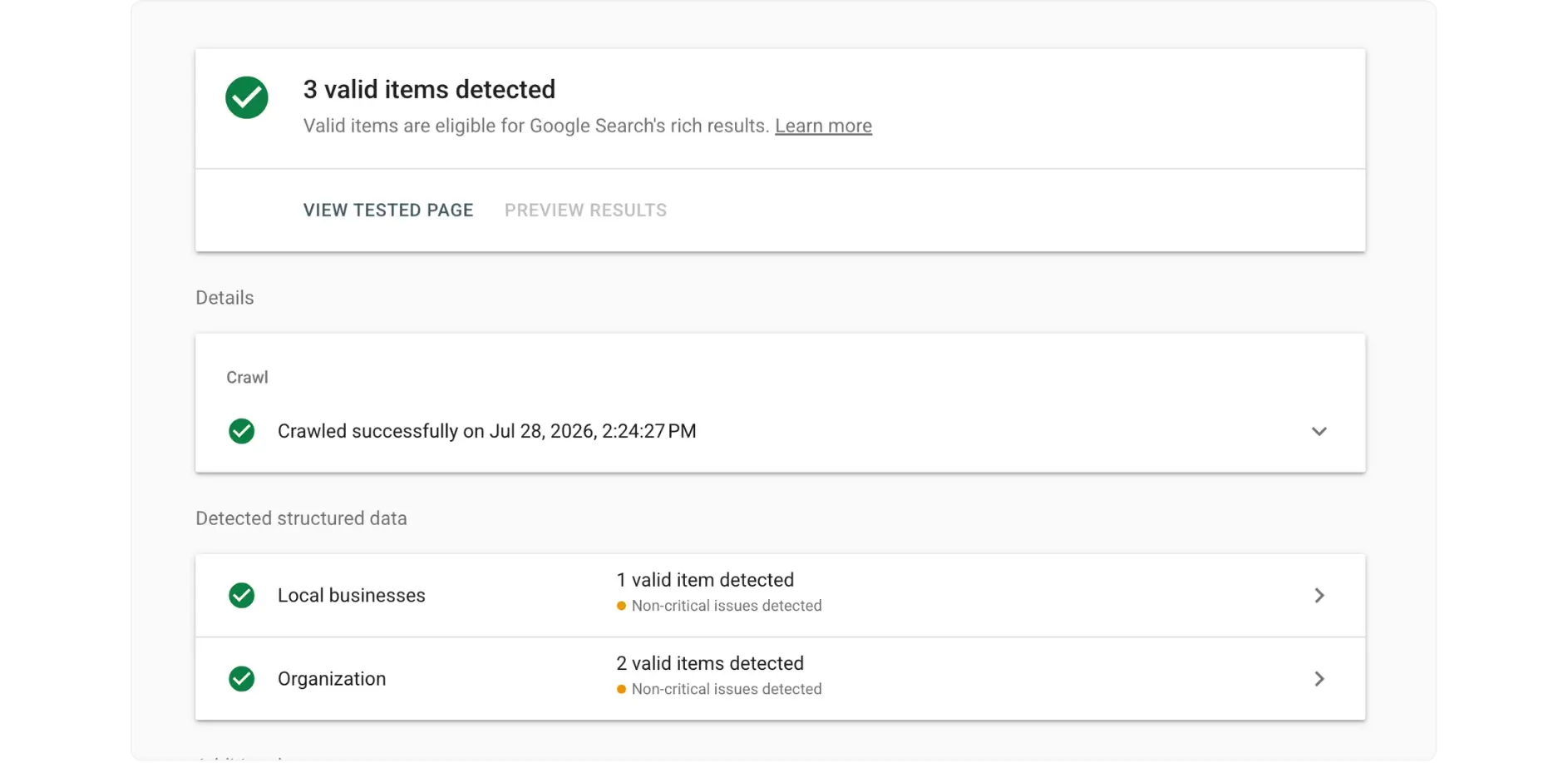 Google Rich Results Test confirming valid LocalBusiness schema markup on a local landing page.