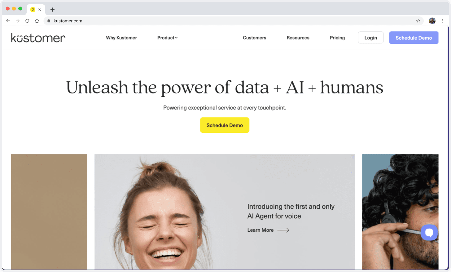 Kustomer CRM platform homepage showcasing AI-powered customer service with data and human support