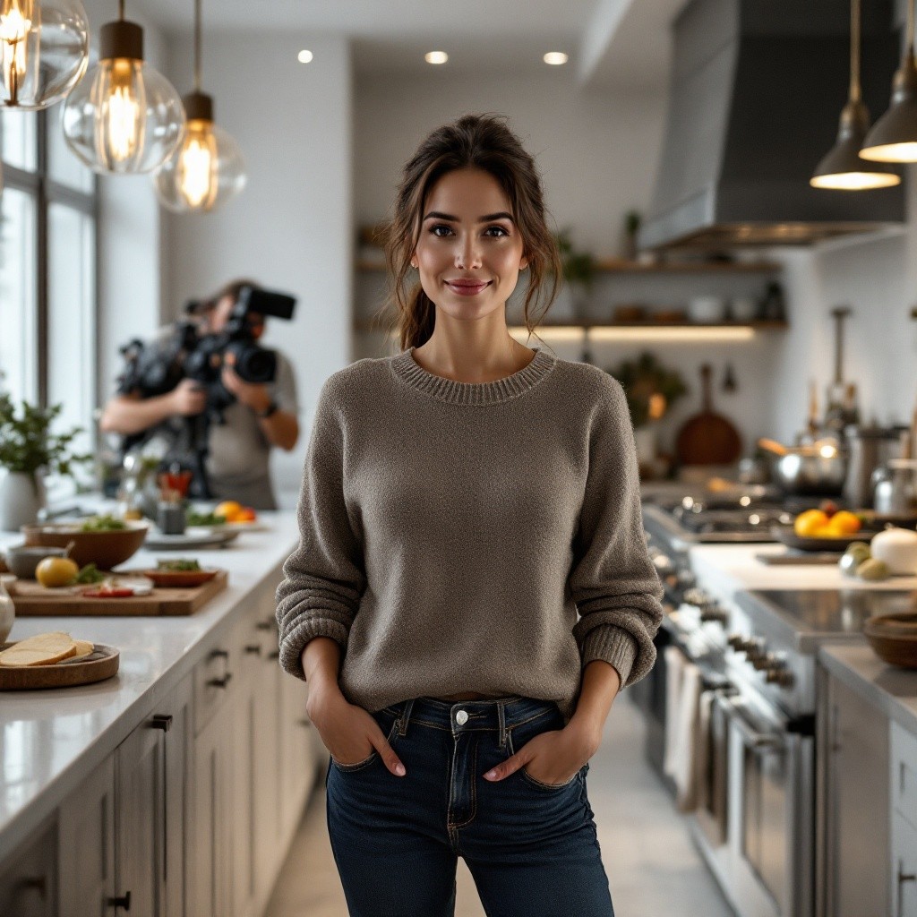 woman and film crew in kitchen