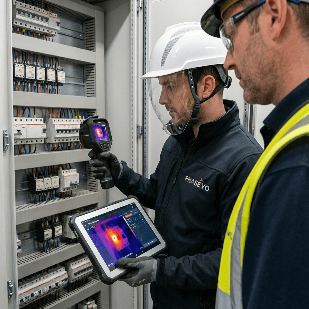 Technicien Phasévo avec caméra thermique Q19 et tablette tactile