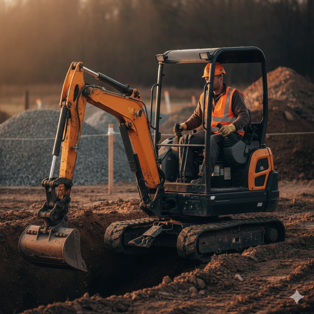 Conducteur de mini-pelle réalisant des travaux de terrassement sur un chantier