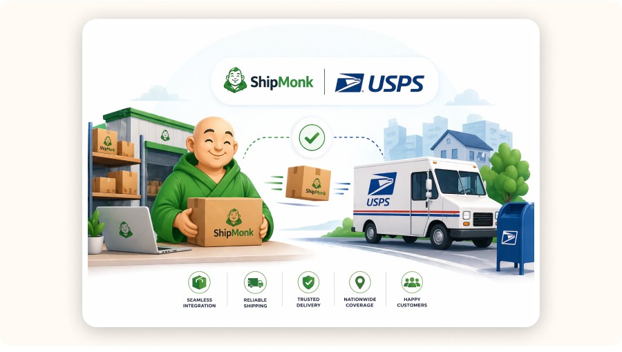 Illustration montrant un outil logistique avec moine préparant colis&nbsp;