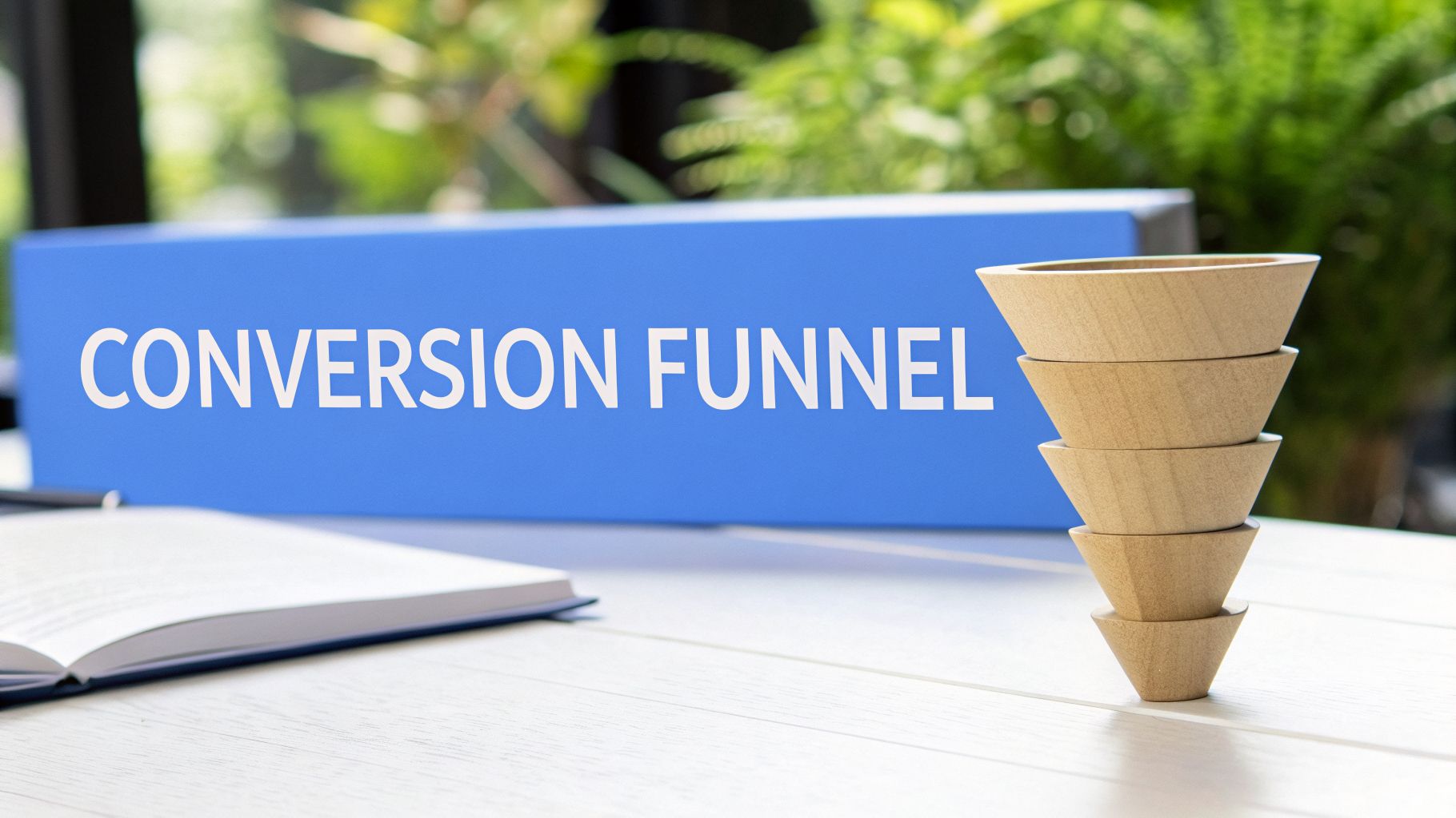 A blue sign with 'CONVERSION FUNNEL' text, next to a stack of wooden bowls representing a funnel.