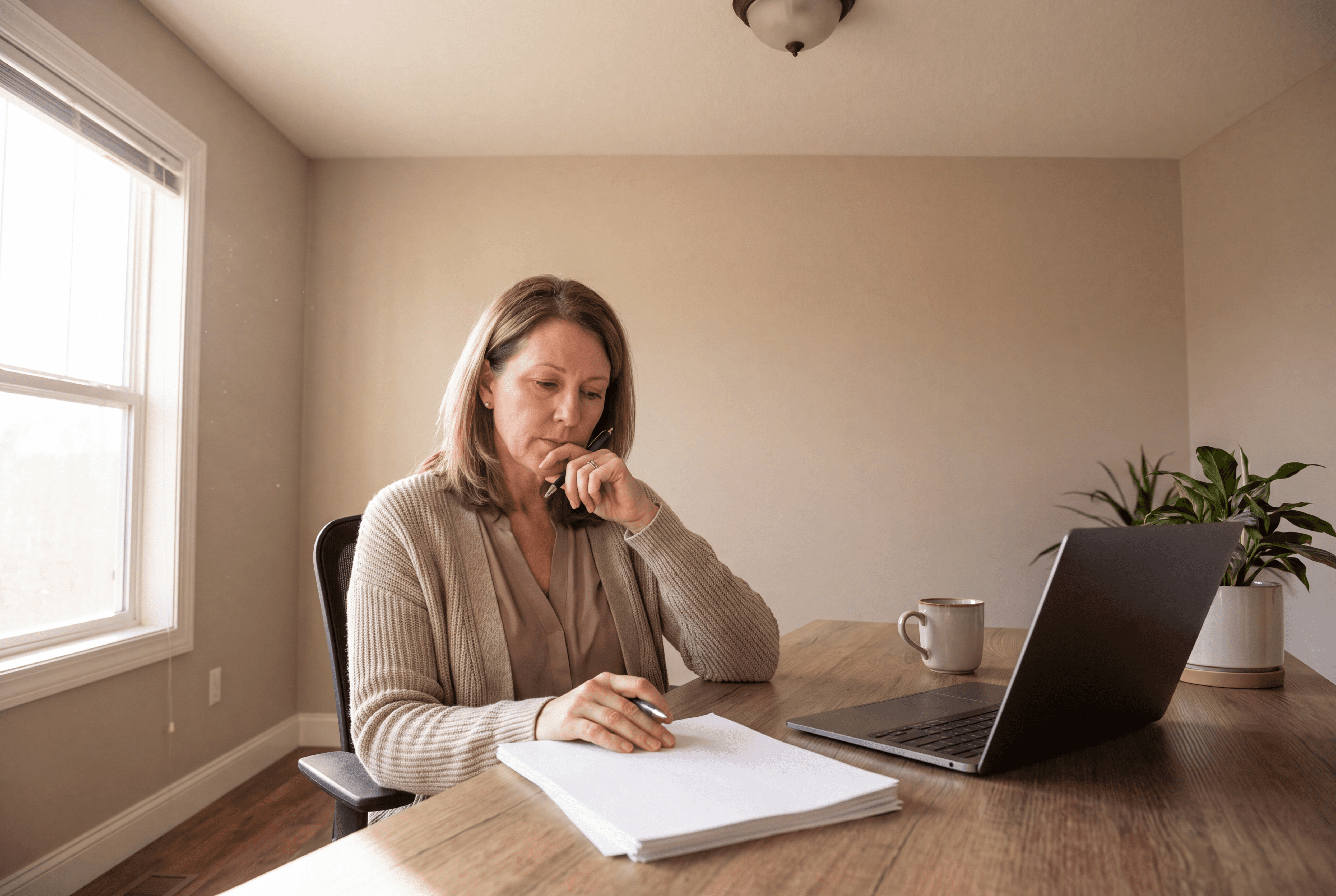 A business owner reviewing benefits paperwork at her desk