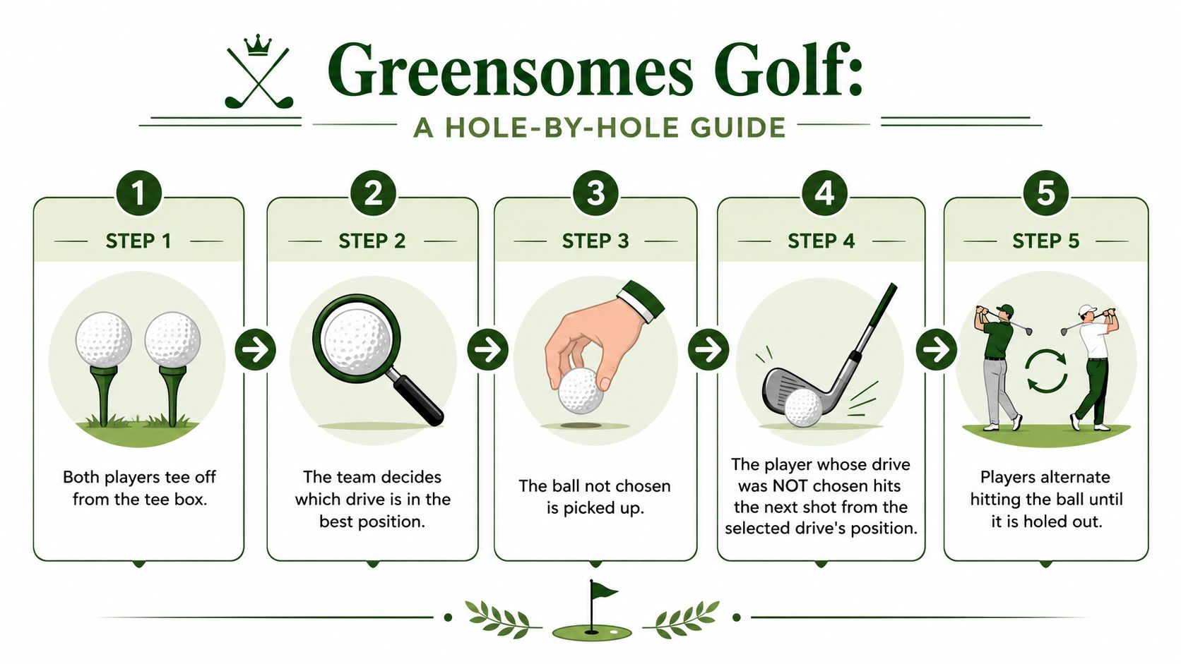 An infographic showing the five-step process of the Greensomes golf format for teams playing together.