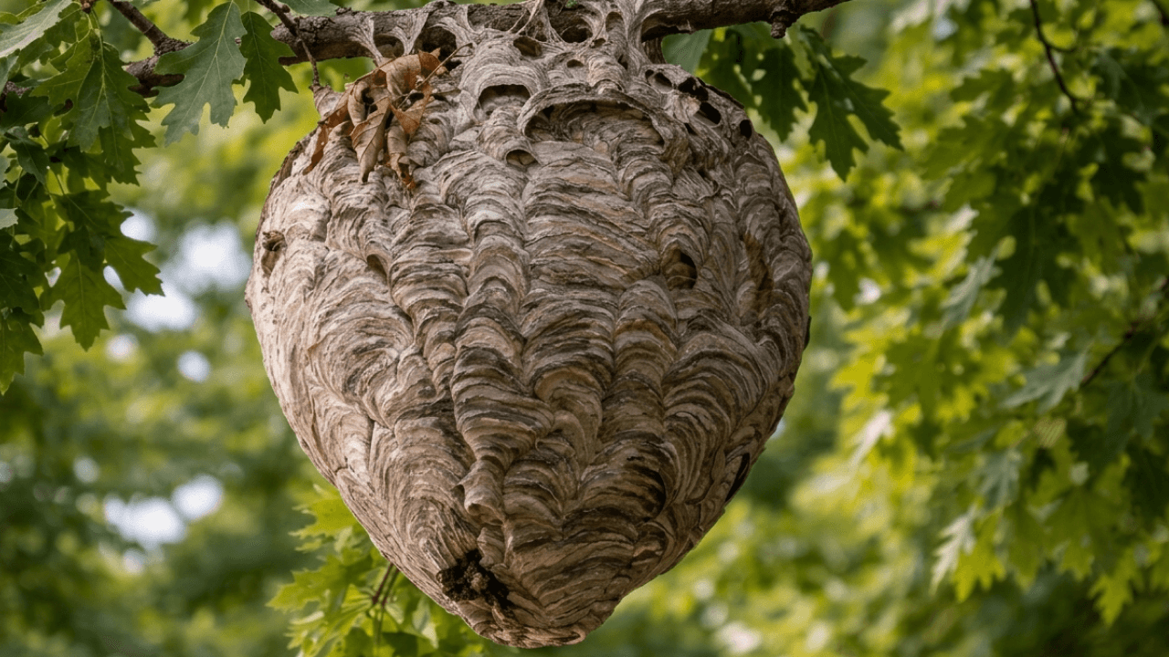 Nid de guêpes ou frelons suspendu à une branche d'arbre