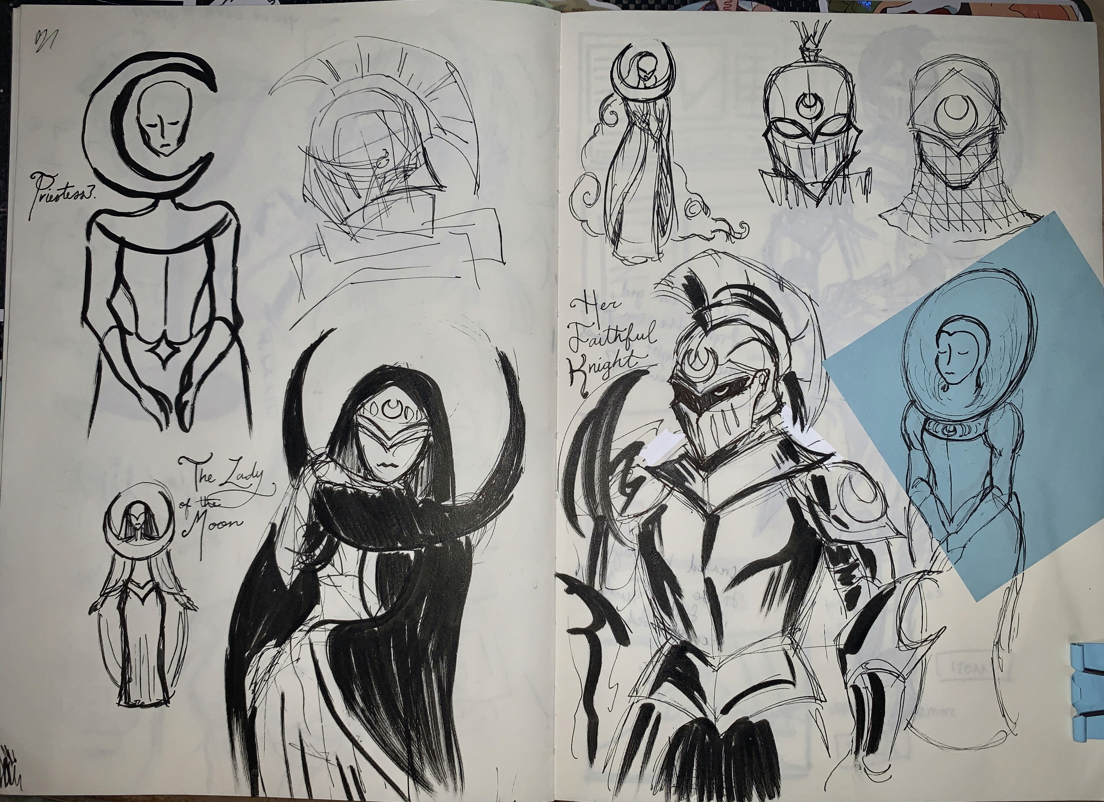 Sketches of the knight and moon priestess