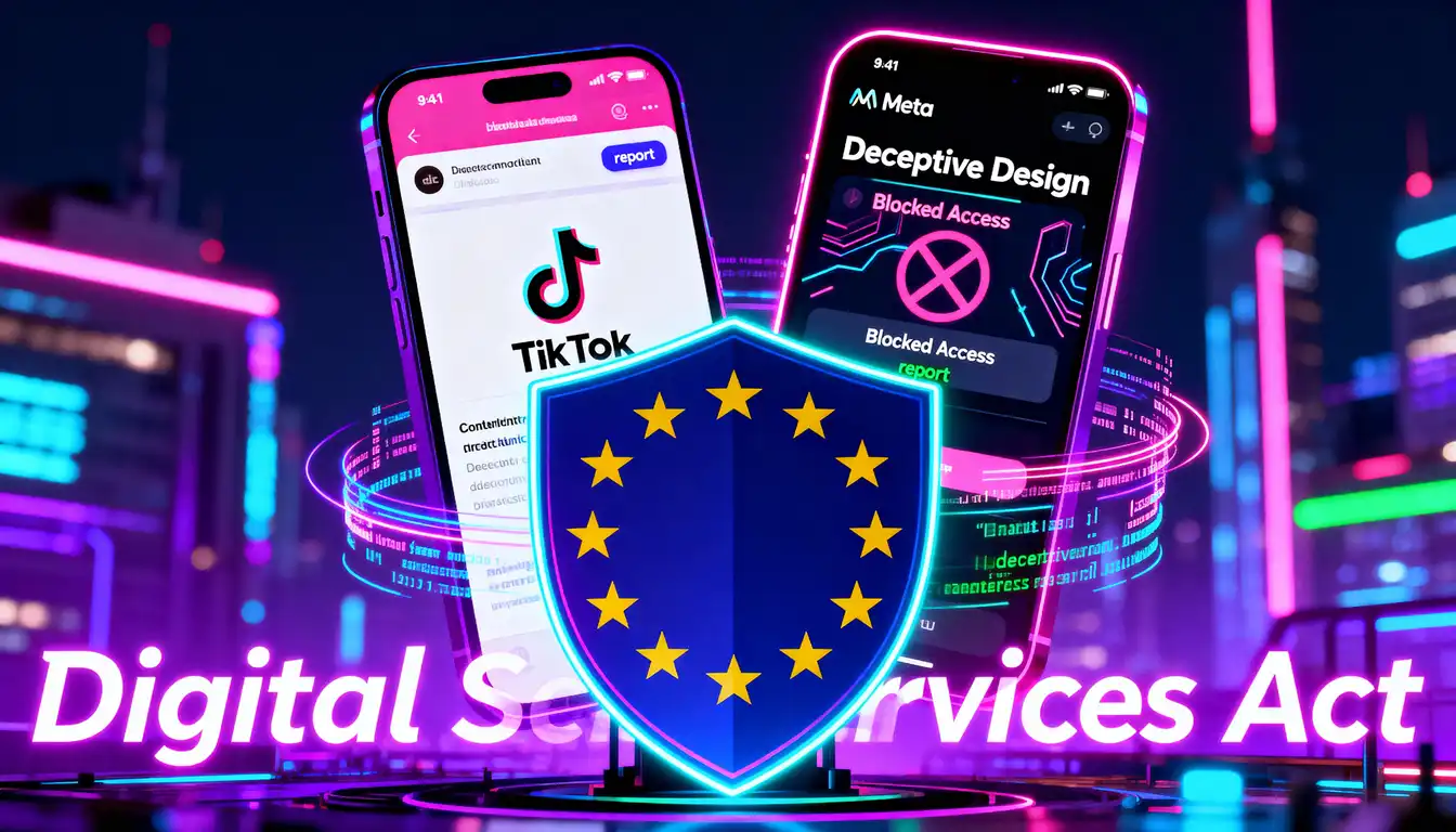 A neon illustration of the EU's "Digital Services Act" shield confronting TikTok and Meta phones labeled "Deceptive Design" and "Blocked Access."