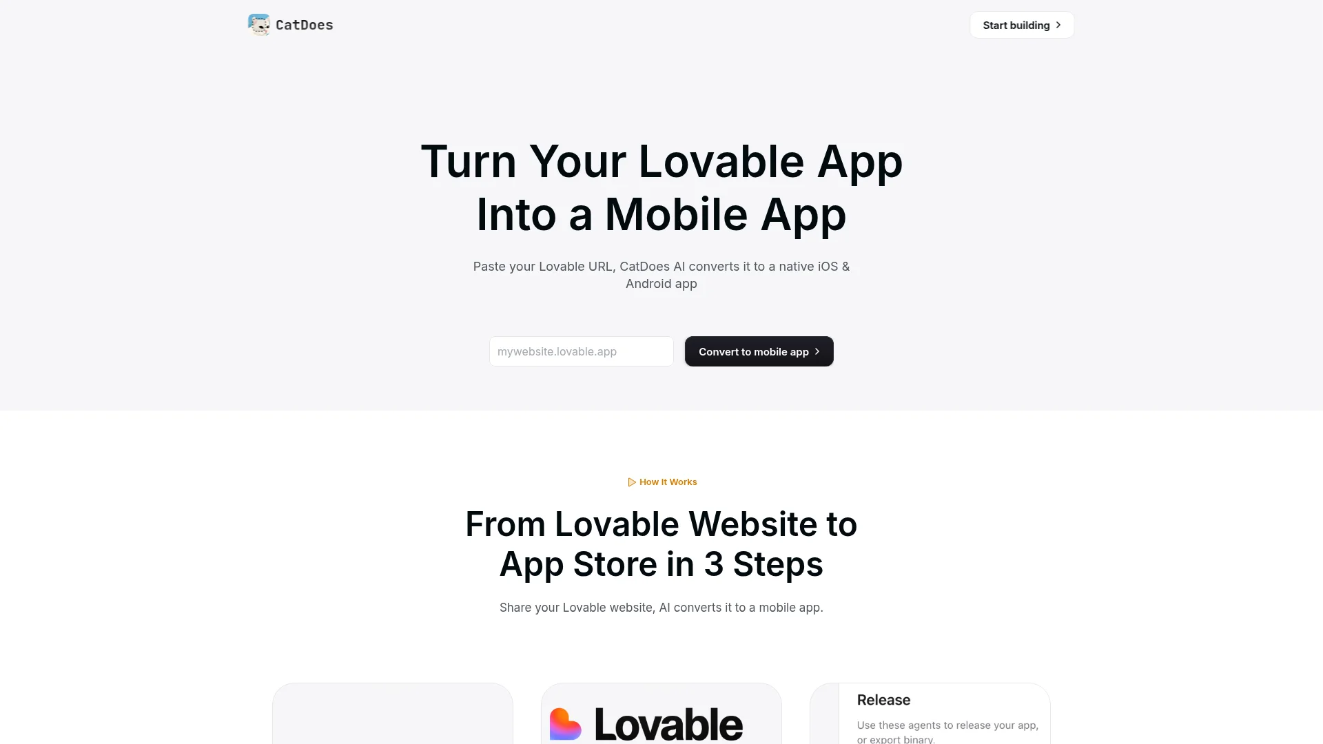 CatDoes Lovable integration page showing the URL to mobile app conversion tool