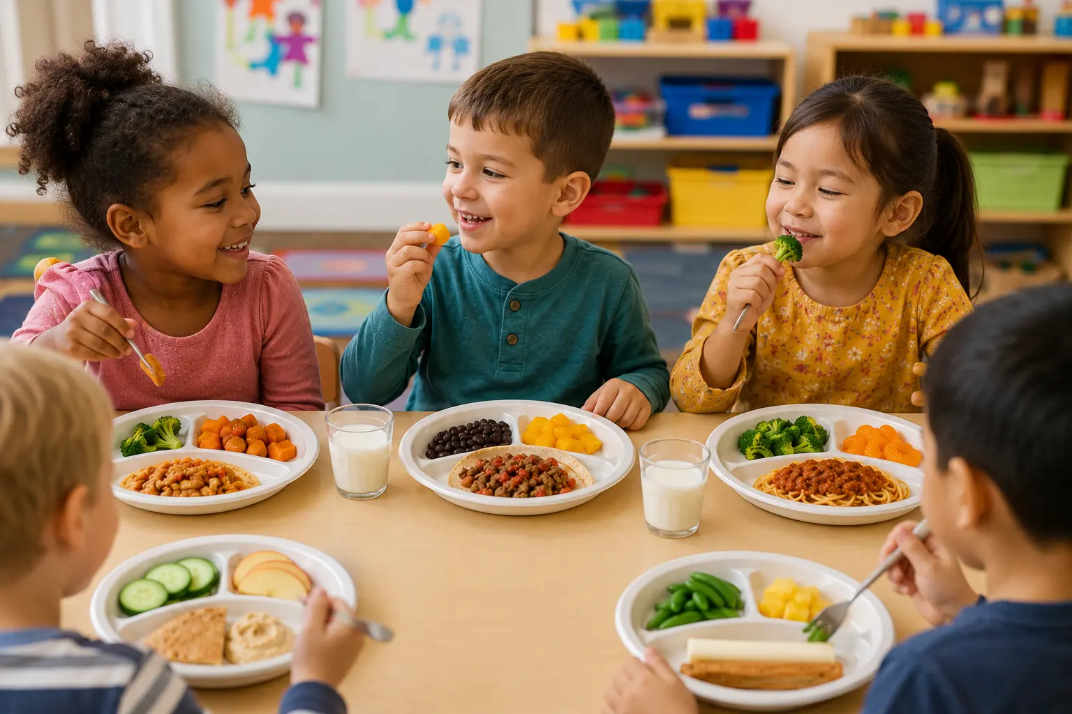 five children seated at a table smiling and eating healthy meals