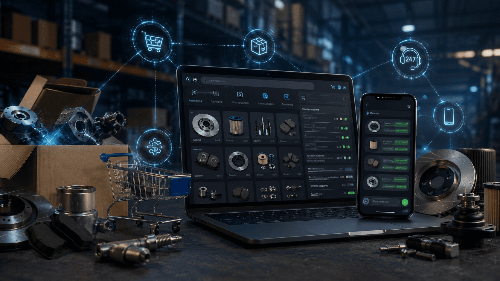 Imagem em estilo realista 3D mostrando um ambiente de distribuidora de autopeças digitalizada. Em primeiro plano, há um notebook e um smartphone exibindo um catálogo online de peças automotivas com interface moderna de ecommerce B2B. Ao redor, aparecem discos de freio, filtros, rolamentos e outras peças organizadas sobre uma bancada industrial. No fundo, um estoque amplo com prateleiras e caixas desfocadas cria profundidade. Ícones holográficos conectam os dispositivos, representando automação, atendimento 24h, integração digital e operação online. A iluminação é fria, tecnológica e cinematográfica, sem pessoas e sem texto na imagem.