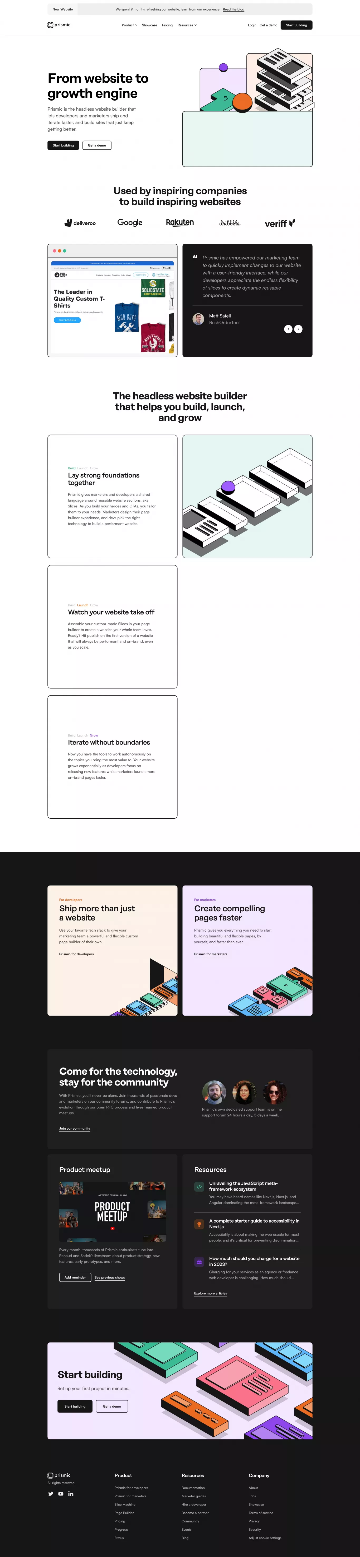 Prismic: Headless Website Builder - Laun landing page screenshot showcasing Design and Tech design