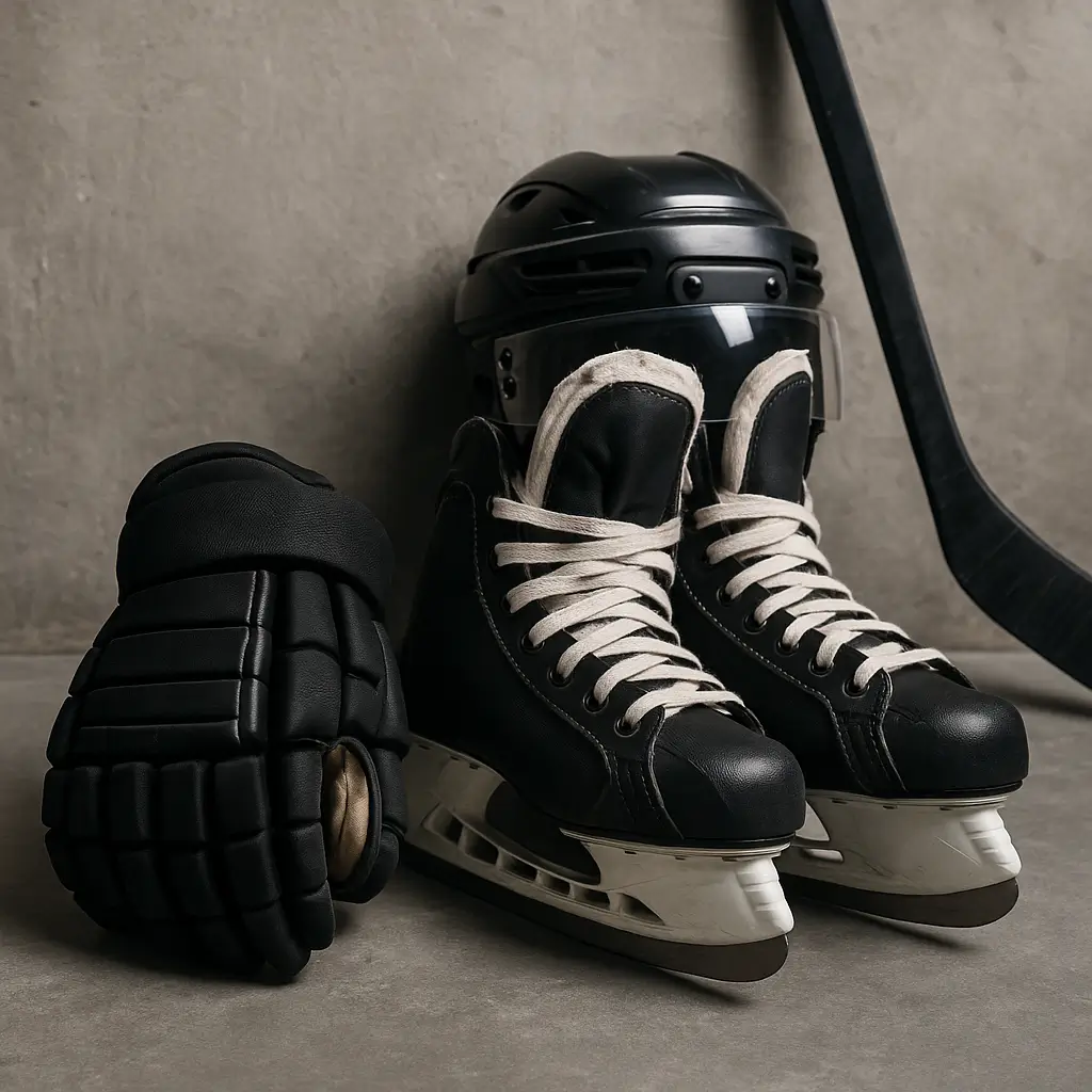 schwarze eishockeyausrüstung auf hellgrauem betonboden