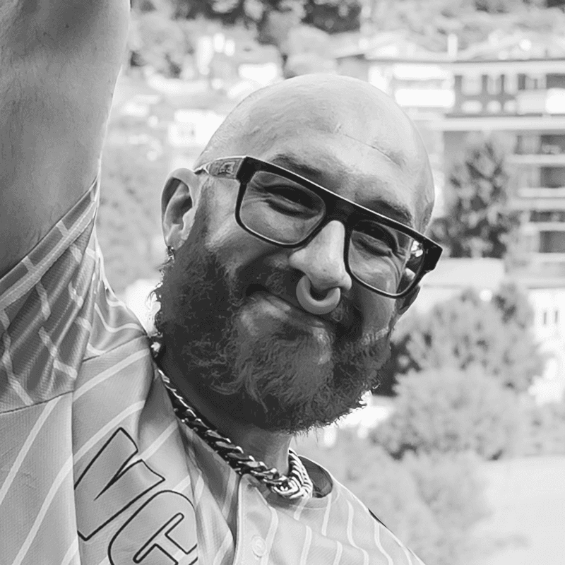 Black and white portrait of Emanuele Avalle, Organizer VCO Pride