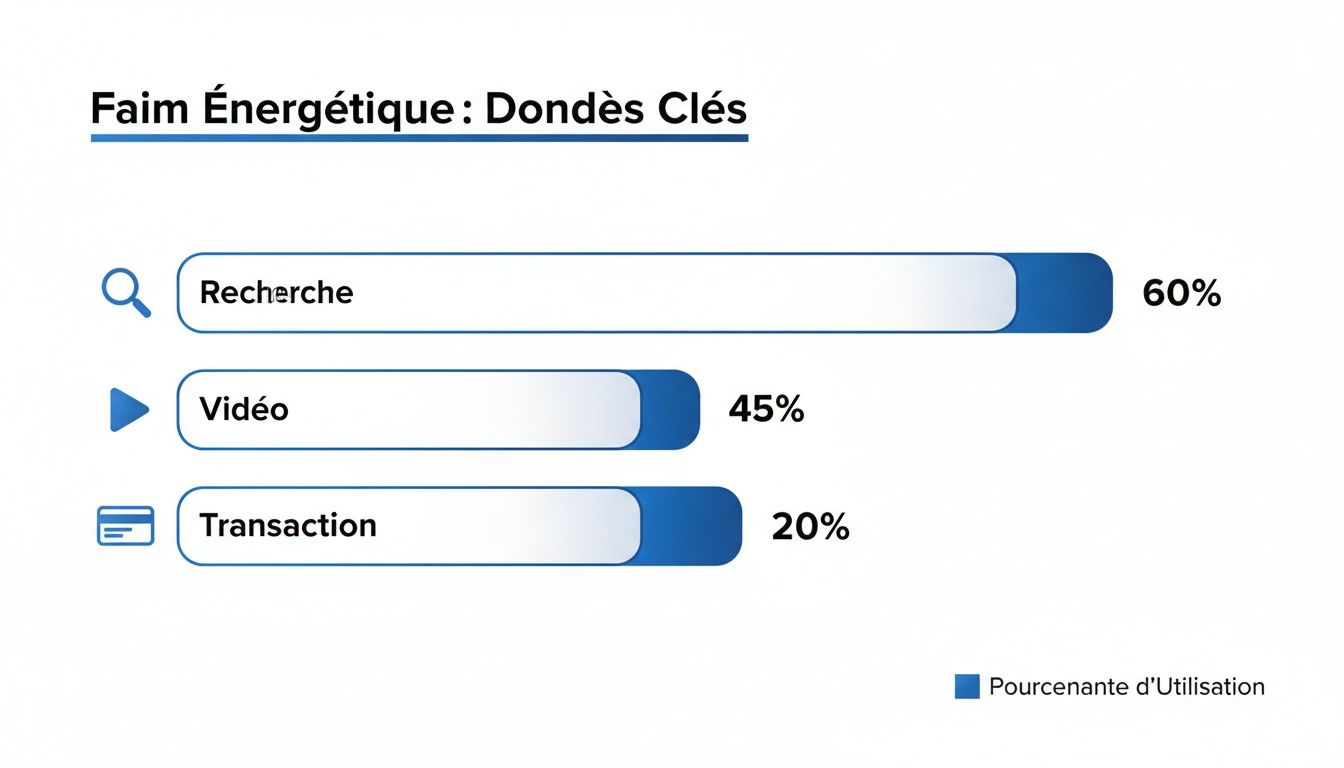 Graphique à barres illustrant la répartition de la consommation d'énergie: Recherche 60%, Vidéo 45%, Transaction 20%.