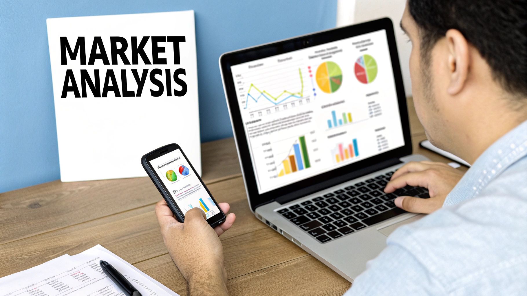 Magnifying glass over a retail shelf, symbolizing market analysis.