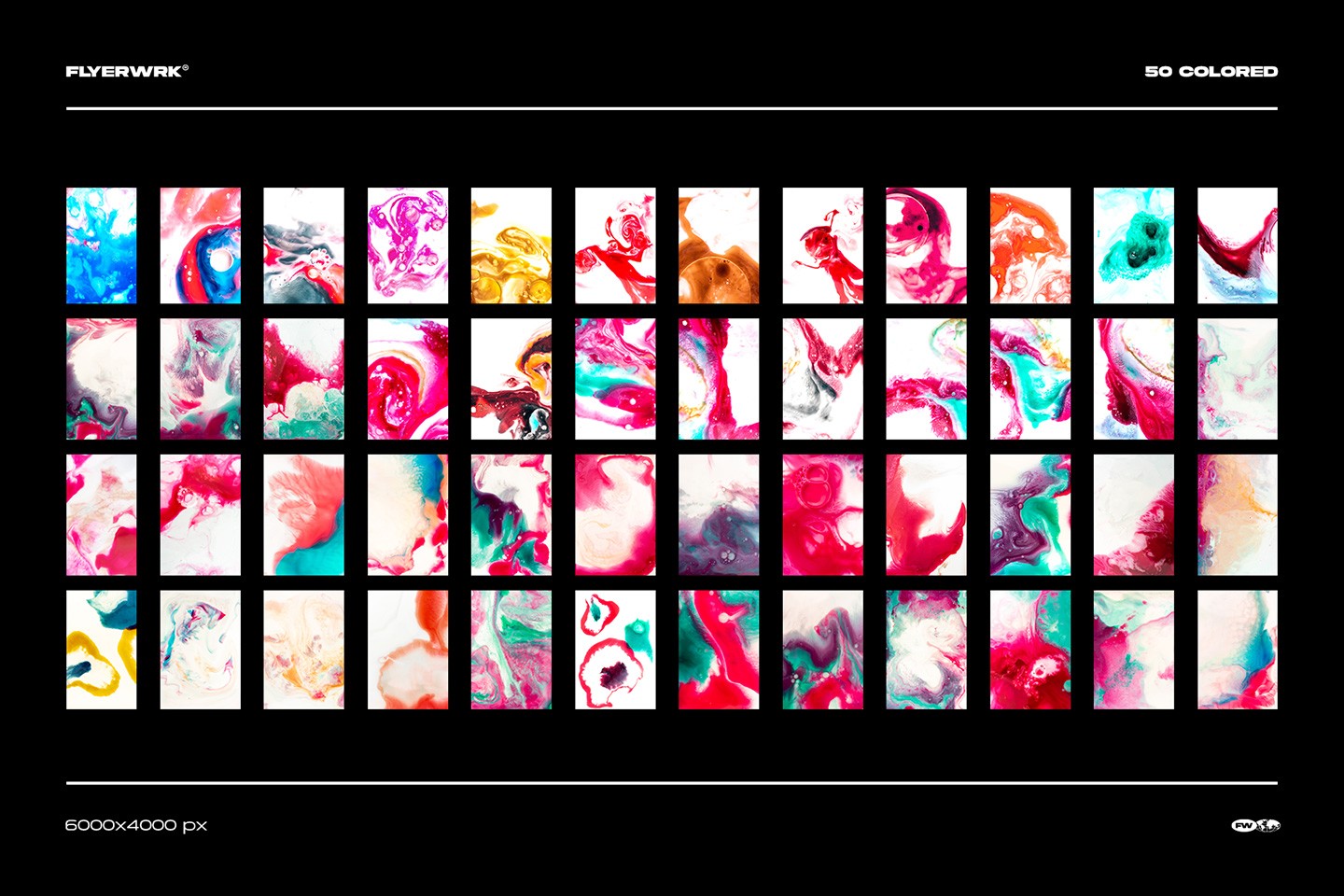 Milch ink in milk textures grid overview showing fifty vibrant colored abstract fluid backgrounds in JPG