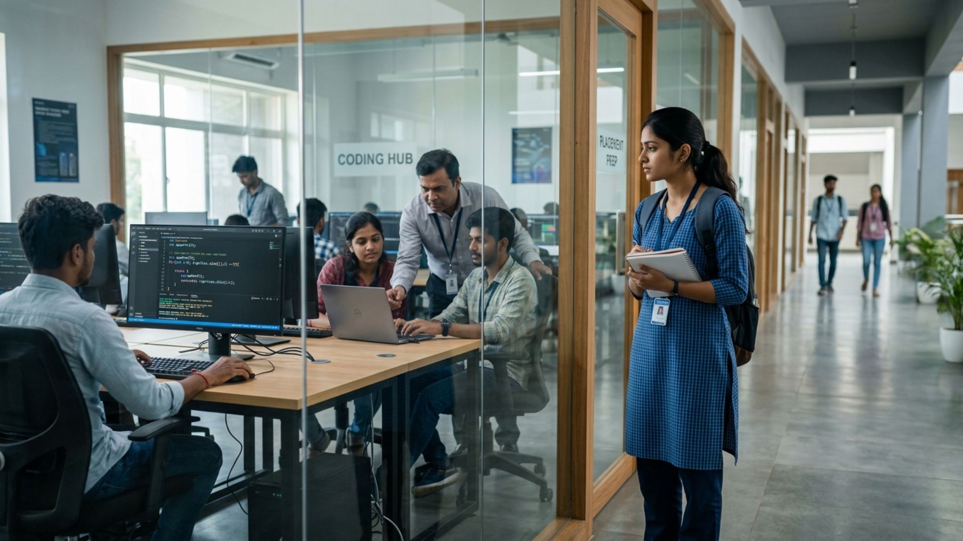 Student observing a coding lab and placement-focused learning environment at engineering colleges with good placements