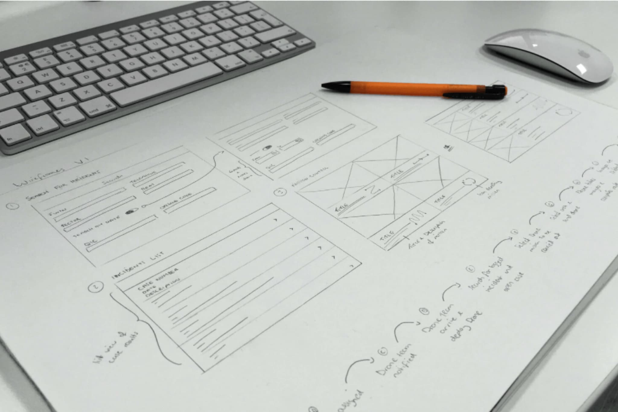 A wireframe sketch on paper
