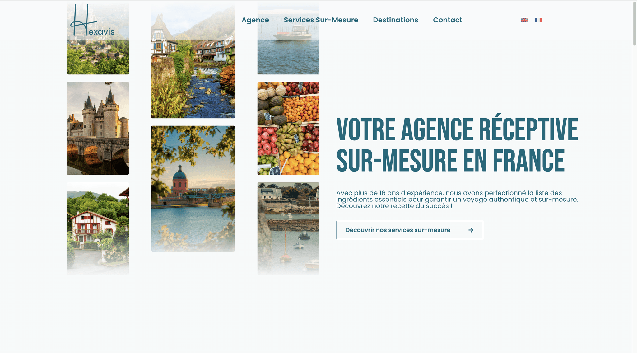 Conception du header immersif Hexavis : navigation ergonomique et identité visuelle forte pour une agence de tourisme réceptif.