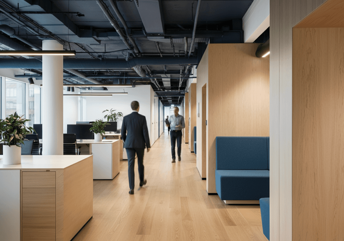 Modern office hallway with two men walking
