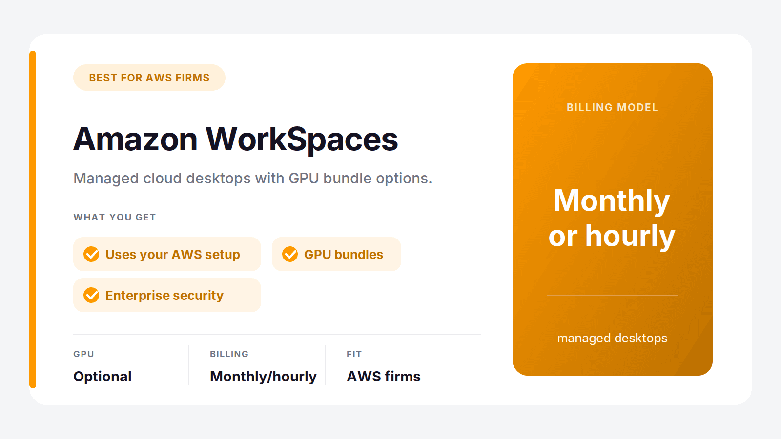 Amazon WorkSpaces cloud workstations with GPU bundles for firms already on AWS