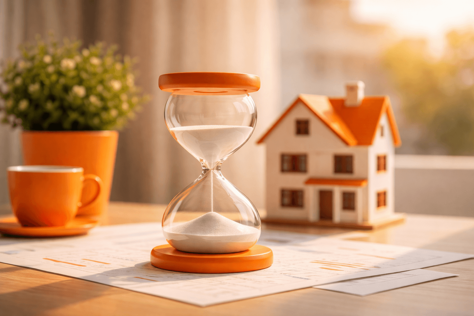 Hourglass with orange accents and a model house, representing the property buying timeline in Valencia.