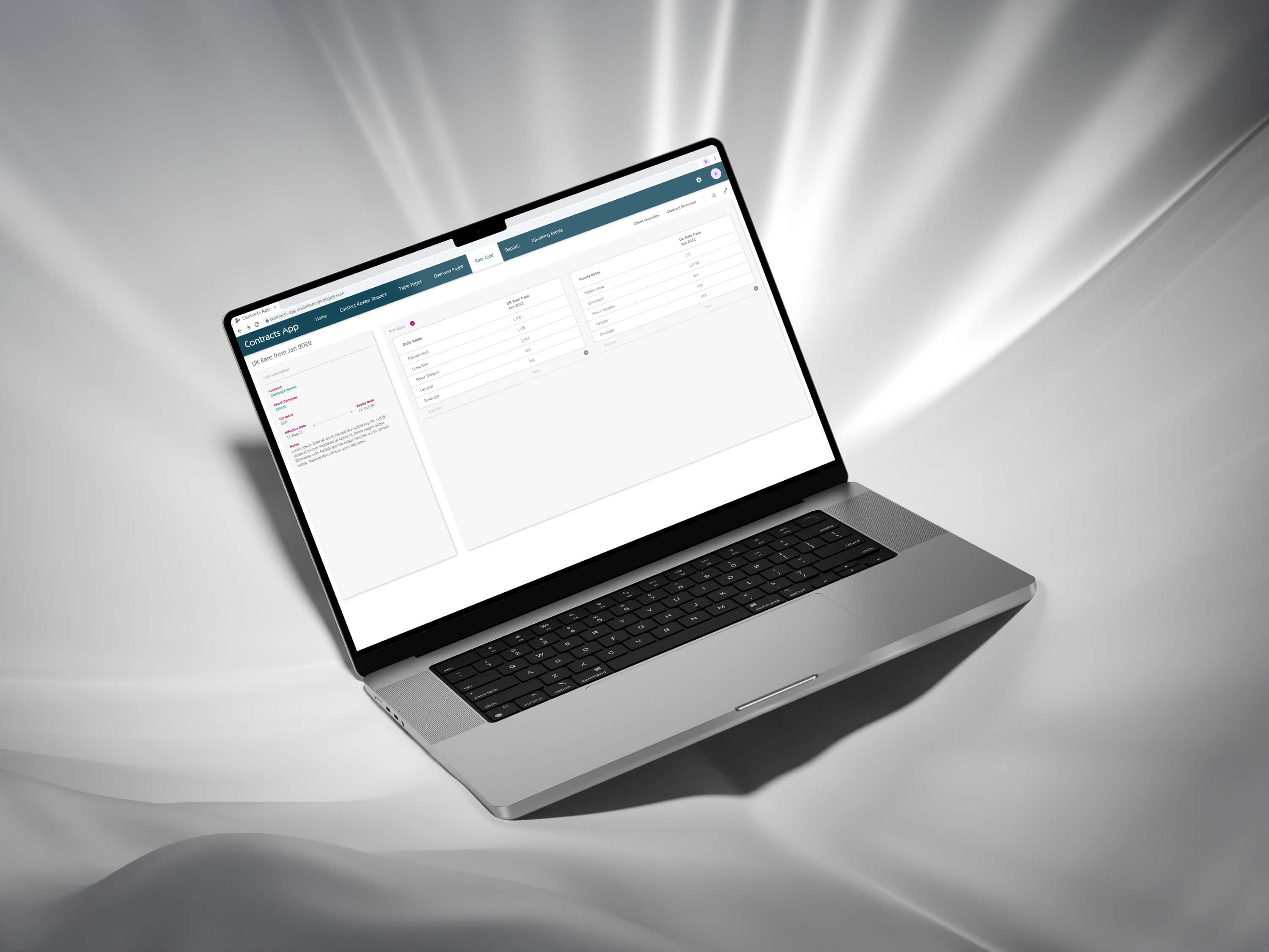 Contract management app Rate Card page on silk backdrop
