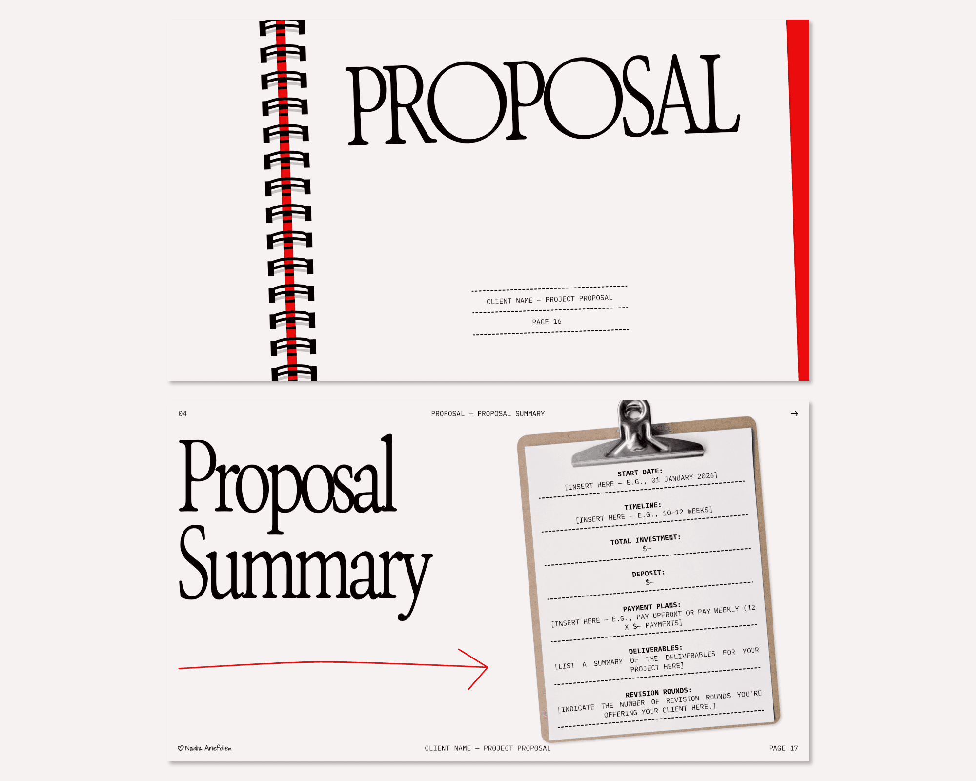 Two pages from Nadia Ariefdien's Project Proposal Presentation Template.