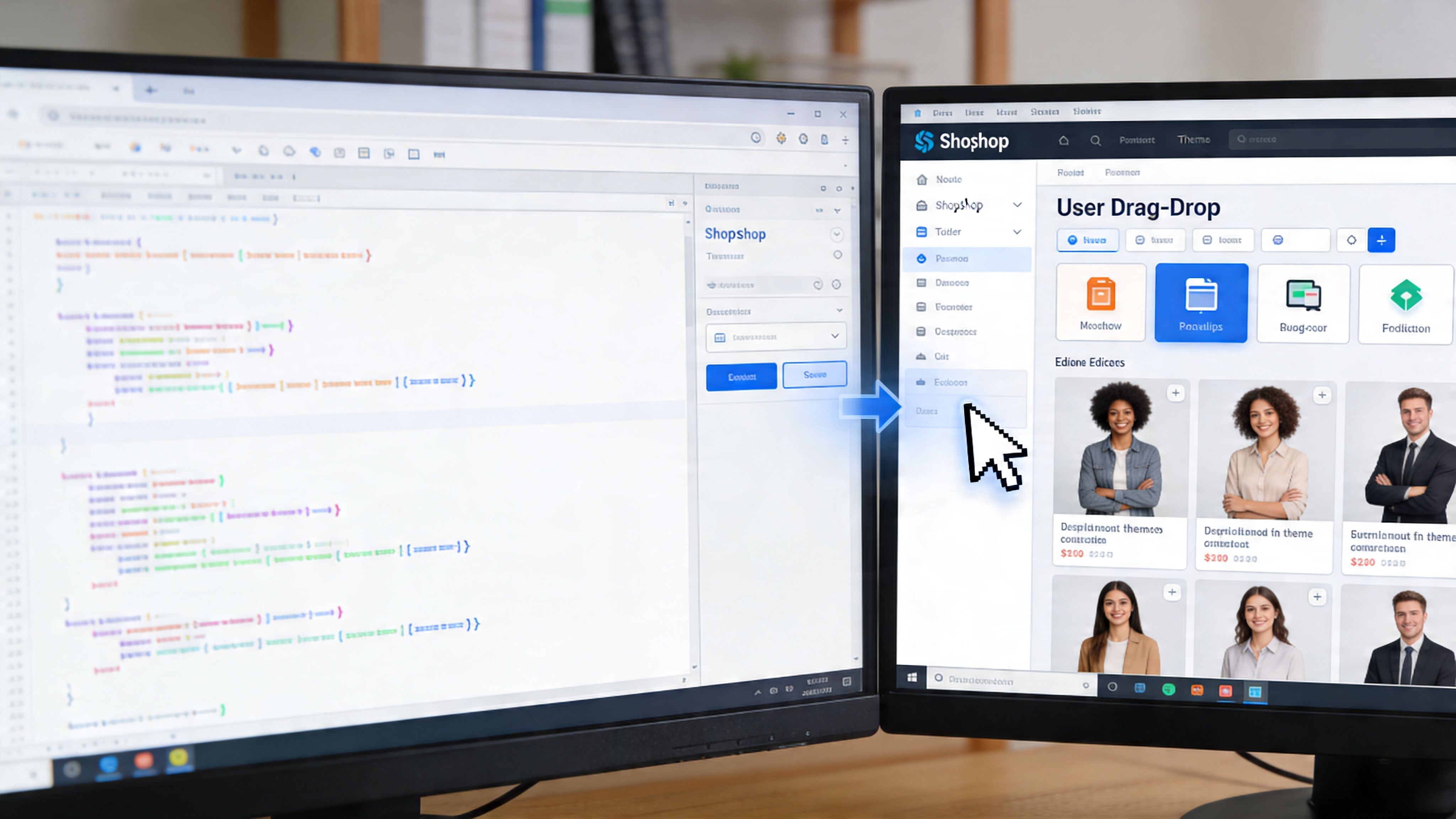 A dual monitor setup displaying coding software on the left and a web builder interface on the right.