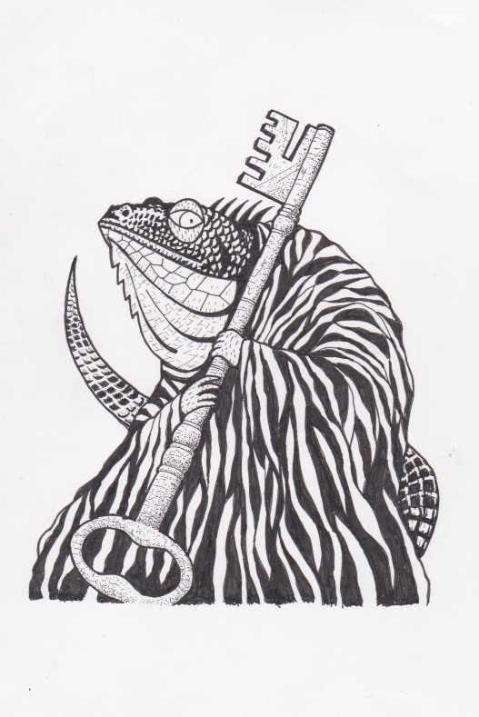 Lizard in robe holding key, ink drawing. Graphic design production.