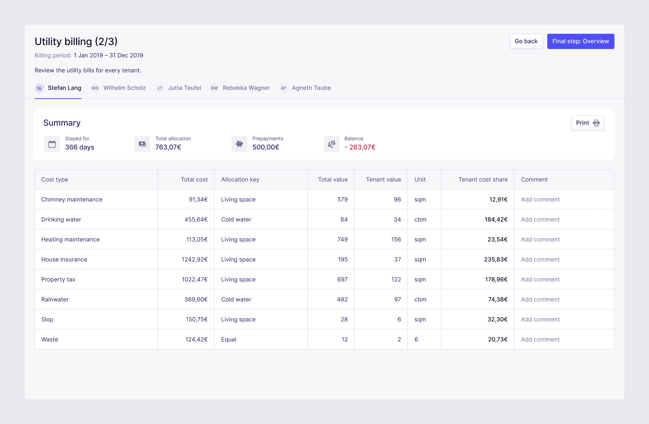 The second step of the utility billing process. It contains a full-width table with a summary of all the costs filtered by tenants.