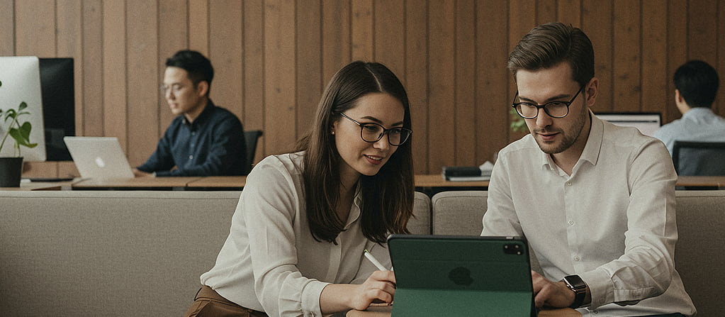 Two colleagues collaborating in a modern office, discussing work on a laptop while other team members focus in the background.