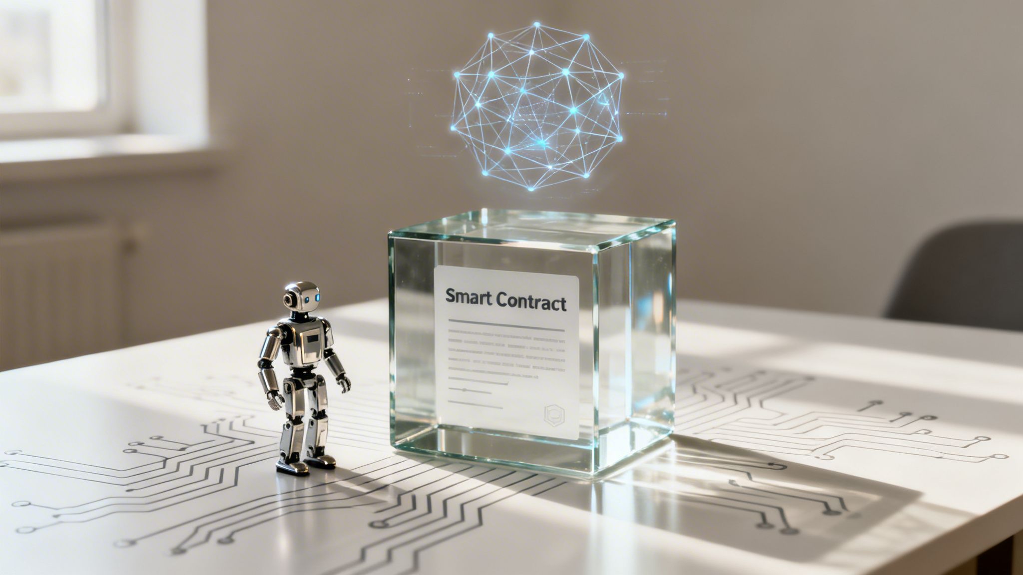 A robot stands next to a 'Smart Contract' cube with a holographic network on a circuit-patterned table.