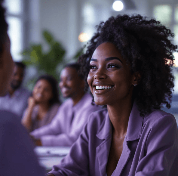 une collaboratrice épanouie suite à la formation pour mieux travailler  en équipe marketing et chef de produit