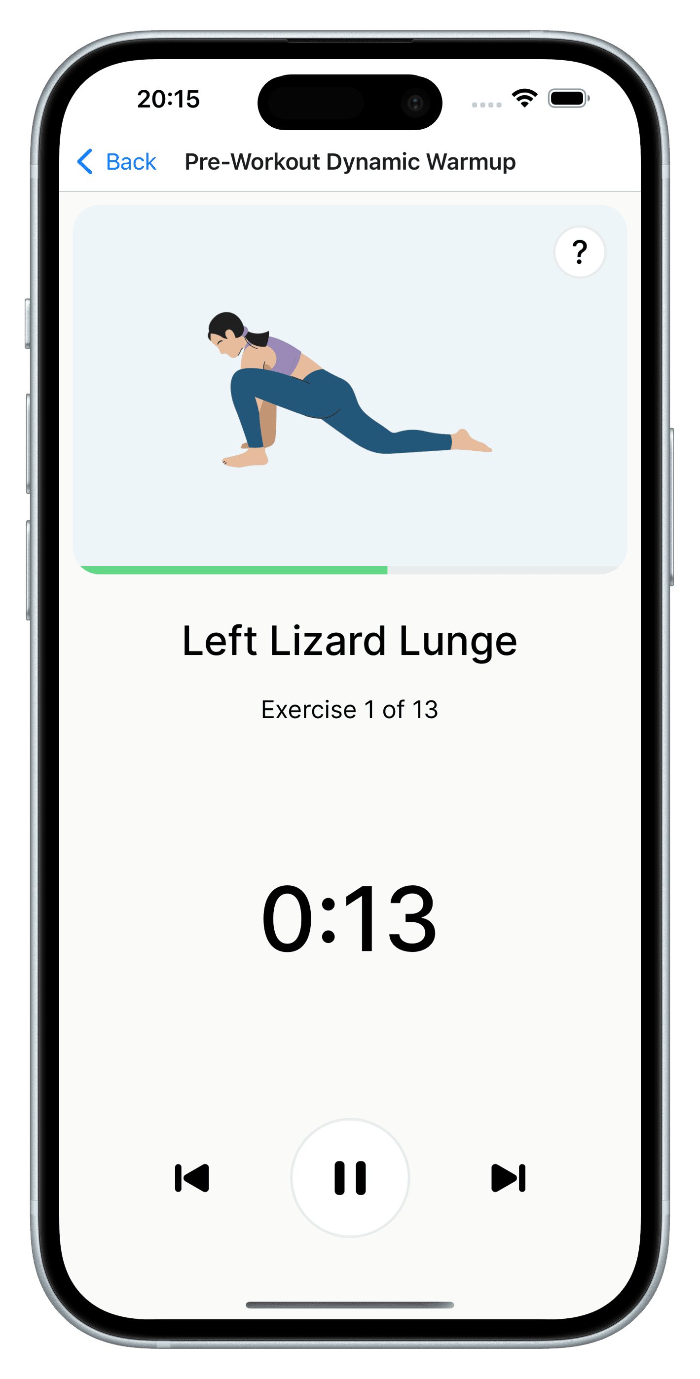 iPhone screenshot showing the SportStretch app open on the playback page. The page shows a countdown timer, an image of a woman doing a lizard lunge and the name of the stretching playlist "Pre-Workout Dynamic Warmup".