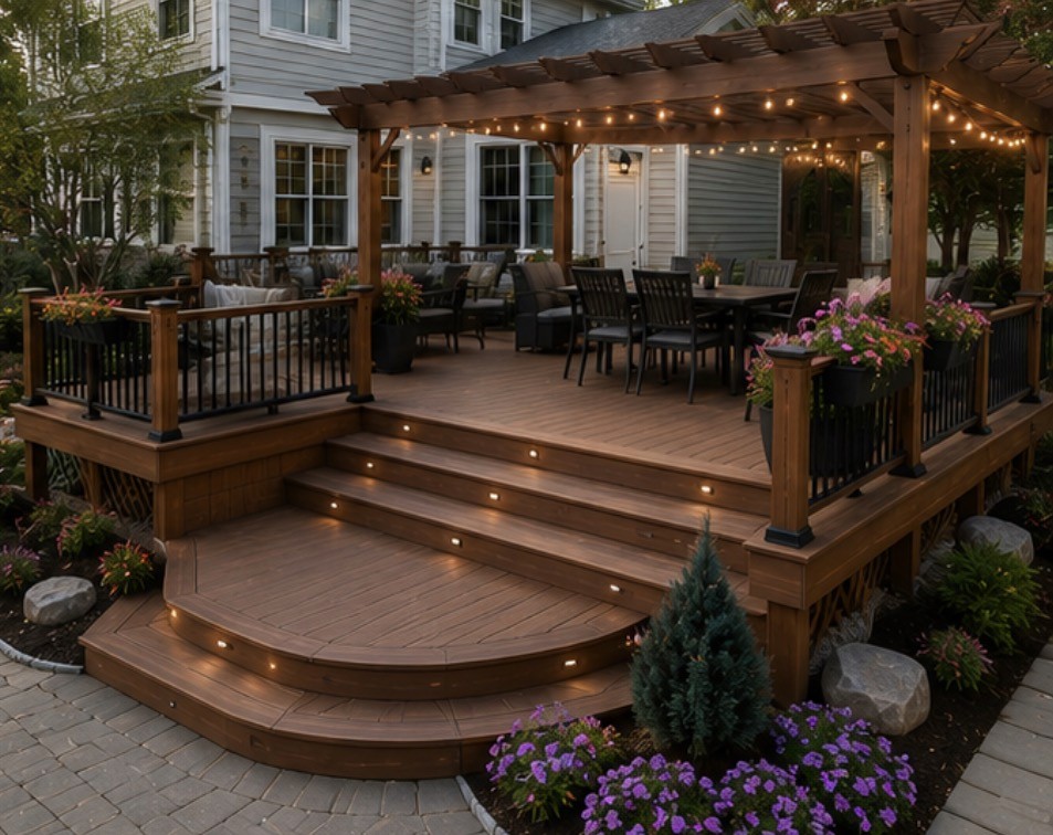 Finished backyard deck with seating and railing