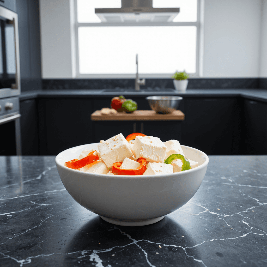 product photography of a bowl of soft tofu with sliced peppers for garnish