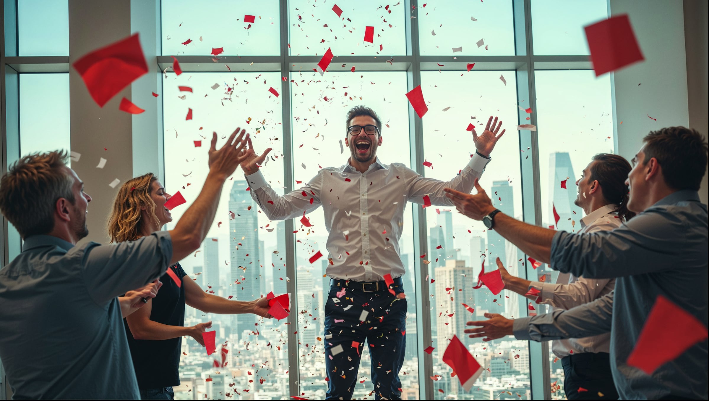 People celebrating, red stickers floating in the air