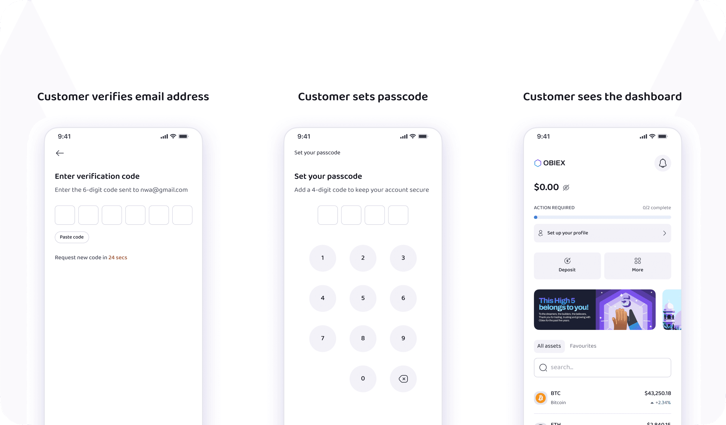 Obiex app screen that lets users explore product features before creating an account.