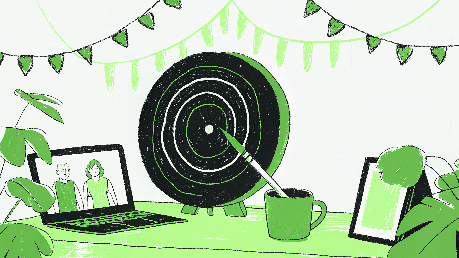 Dart landing in middle ring of admissions target, not bullseye, beside student profile laptop