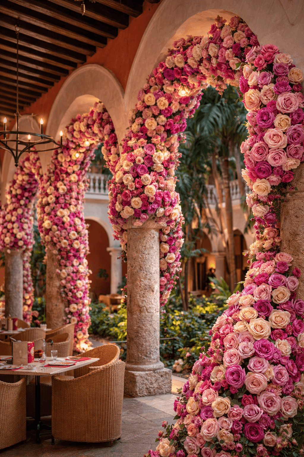 Artistic fashion portrait with colorful floral and avant-garde wallpaper