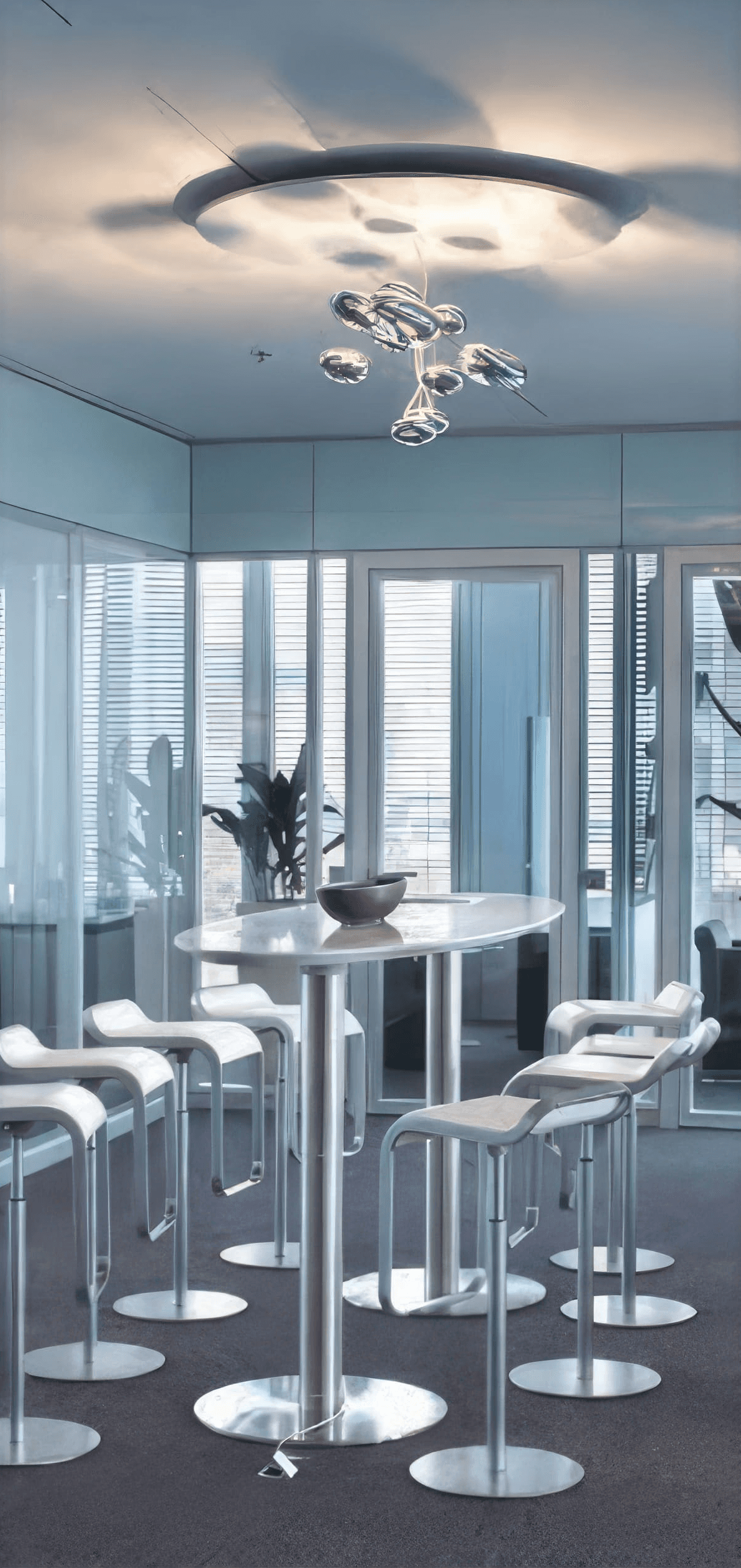 MW Interior  - Runder Edelstahlstehtisch mit weißen Aluminium-Barhockern unter skulpturaler verspiegelter Tropfen-Pendelleuchte in modernem Glasraum" Beschreibung: Elegante Stehtisch-Besprechungszone mit polierten Aluminium-Barhockern und einem runden Metalltisch – das skulpturale Licht-Kunstobjekt aus verspiegelten Chrom-Tropfen an der Decke macht den Raum zur atmosphärischen Bühne.